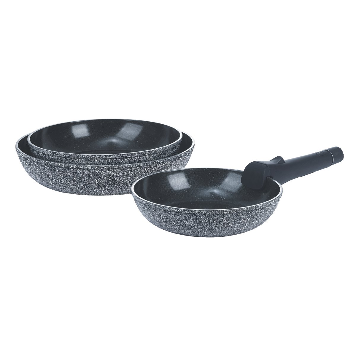 Laguiole – “Réactif” CHARBON 3-frying pan set (20/24/28 cm) Universal removable handle