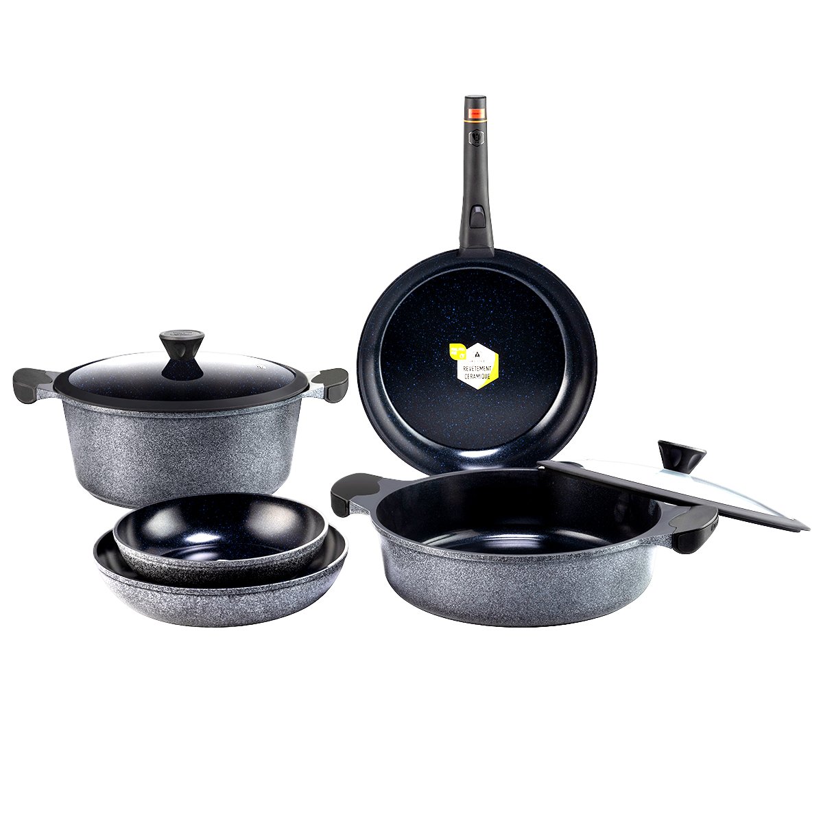 Laguiole – “Réactif” CHARBON 8-piece set stock pot, frying pans, sauté pan Universal removable handle
