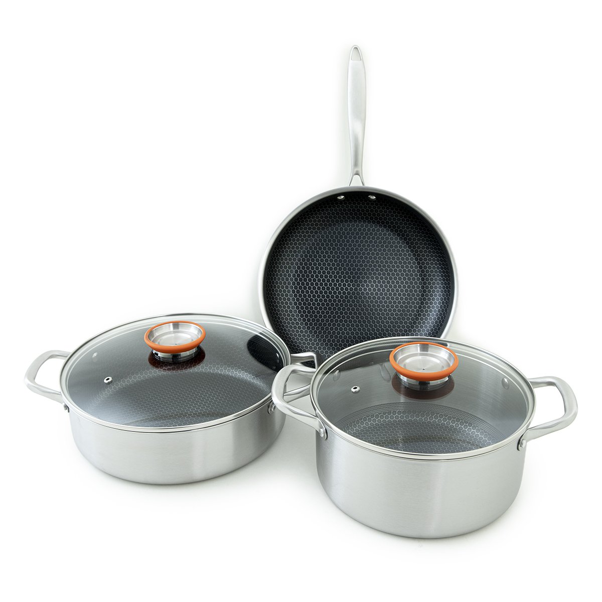 Set of 5 pieces : · Pot 24x11,5 cm + lid · Sauté Pan 28x8,5 cm + lid · Frying Pan 28x5,0 cm