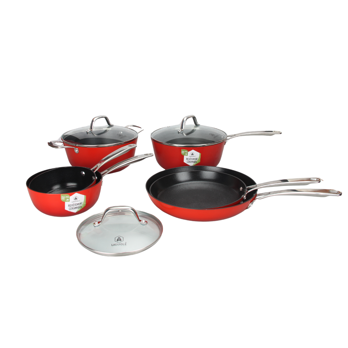 Laguiole Red AirIron 9-Piece Cookware Set: Saucepans, Stockpot, Frying & Sauté Pans