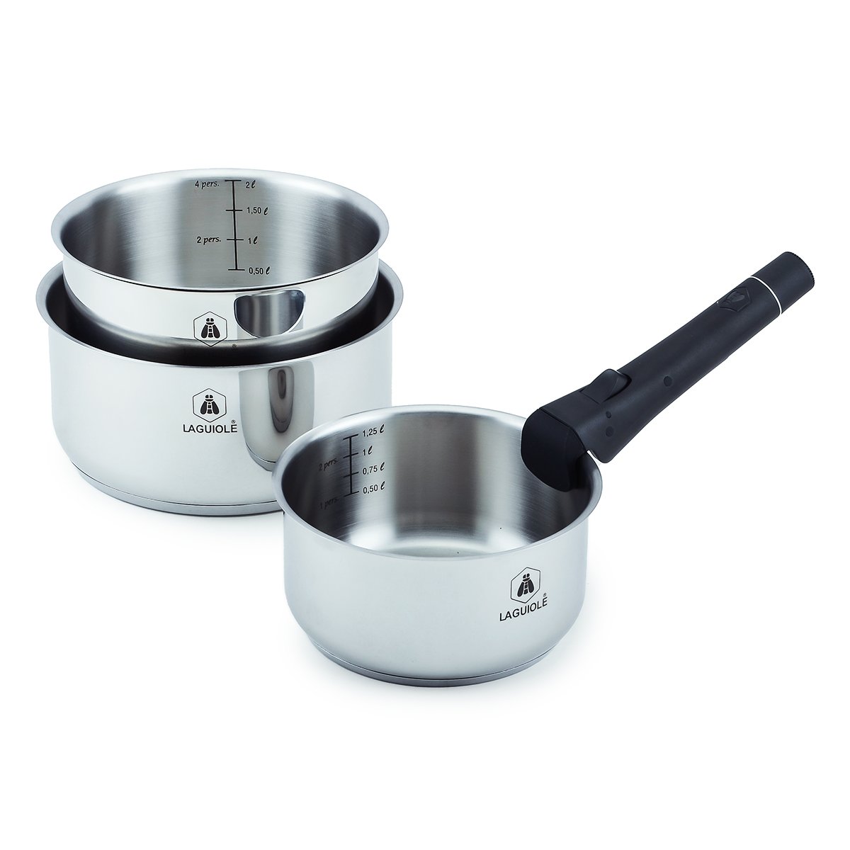 Laguiole – “Réactive” 3-saucepan set with removable handle (16/18/20 cm) Stainless steel, induction compatible 15 Laguiole – “Réactive” 3-saucepan set with removable handle (16/18/20 cm) Stainless steel, induction compatible