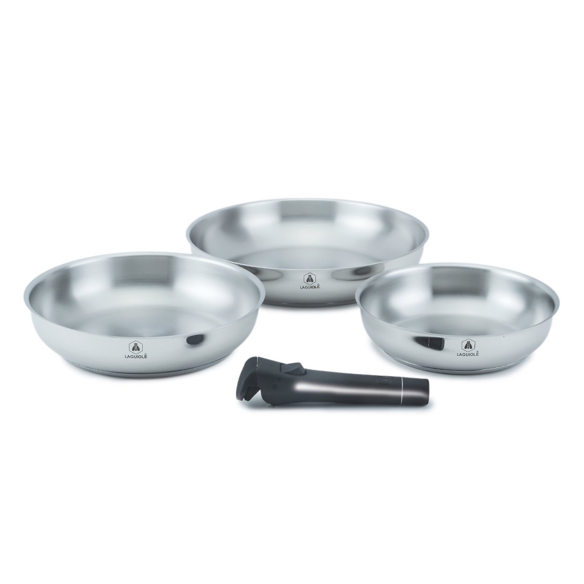 Laguiole Réactive 3-Pan Set (20/24/28cm), Removable Handle, Stainless Steel, Induction Compatible