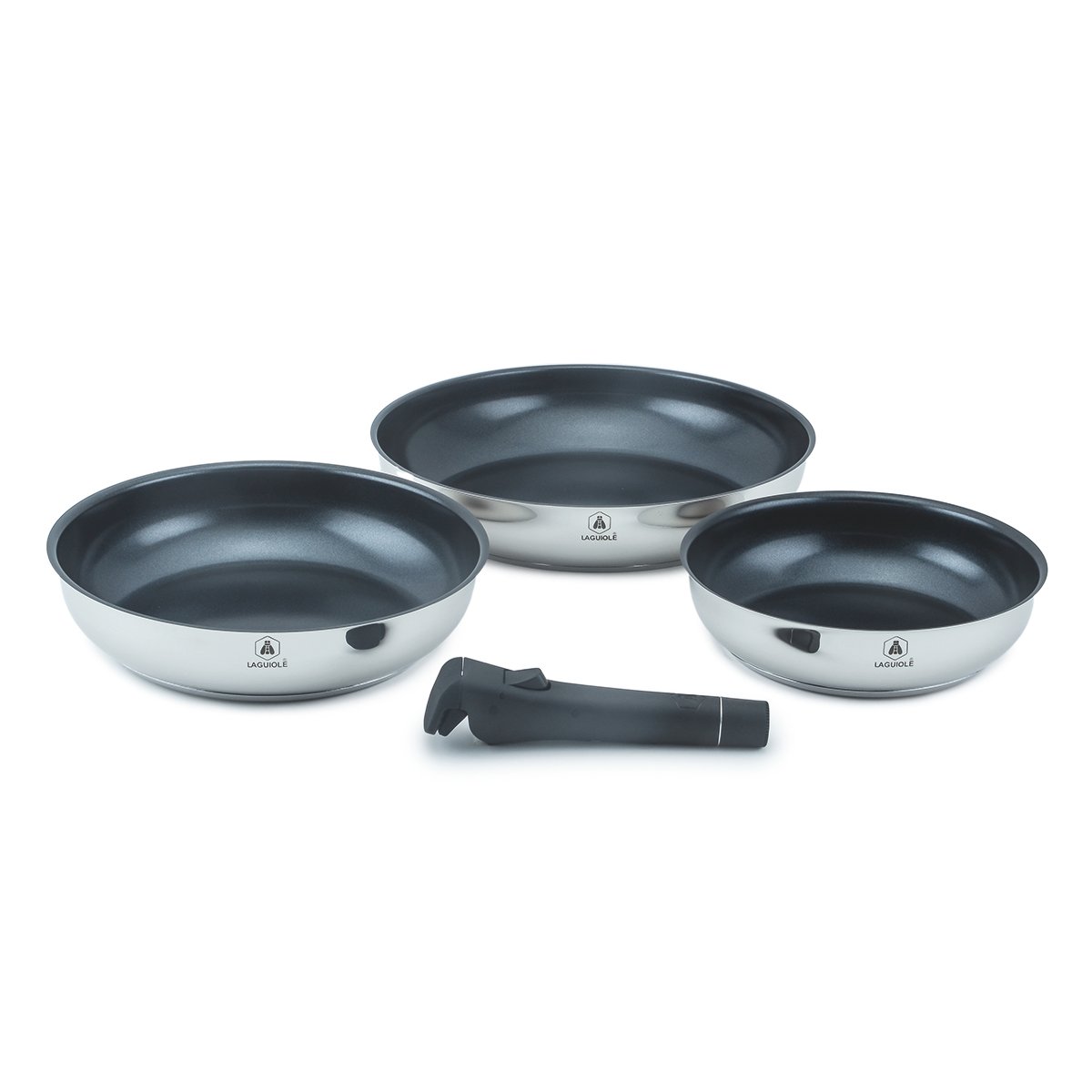 Laguiole Réactive 3-Pan Set (20/24/28cm), Removable Handle, Stainless Steel, Ceramic Non-Stick