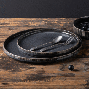 Laguiole Stoneware Reactive Glaze Plates Set 12 pieces, CARBON