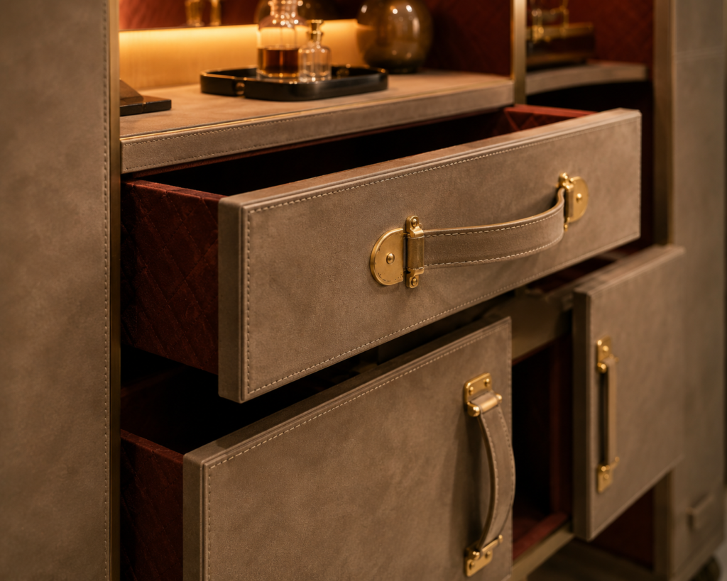 Handcrafted luxury furniture close-up with premium detailing and warm lighting