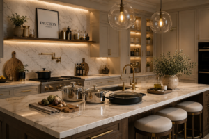 Modern kitchen with stainless steel and non-stick cookware