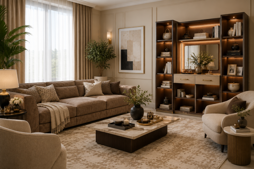 Luxury rug with suede sofa and textured décor in a modern elegant interior